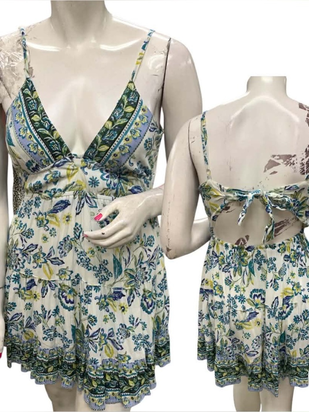 Angie Cream Mini Dress with Blue & Green Floral Print Size L